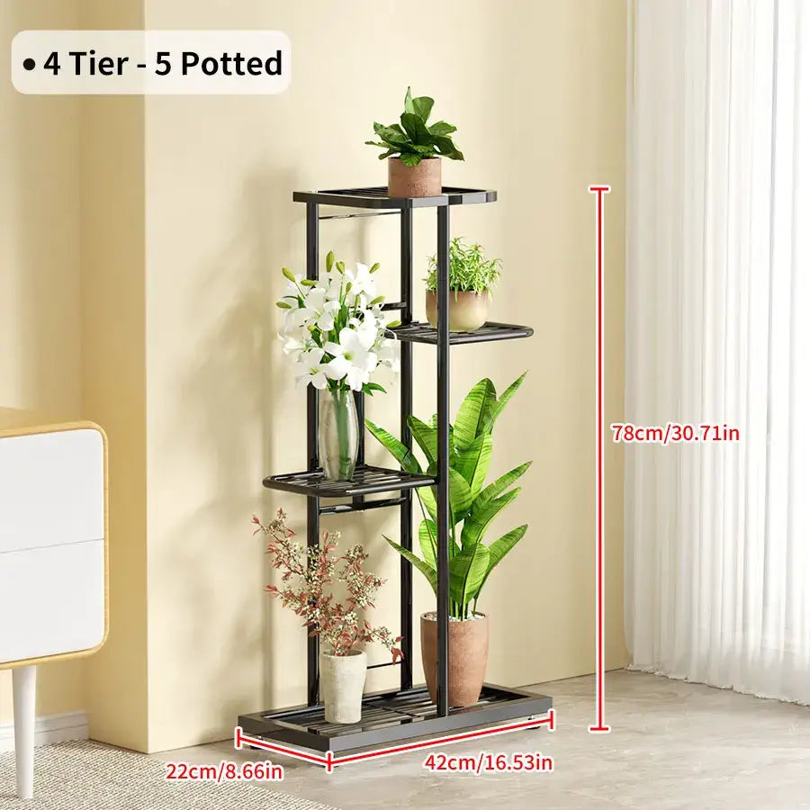 Black metal decorbites iron plant stand with four tiers and five potted plants for indoor use