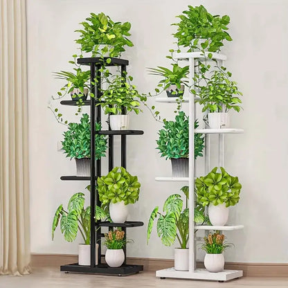 Decorbites™ iron plant stand in black and white metal with multiple tiers holding green plants in white ceramic pots