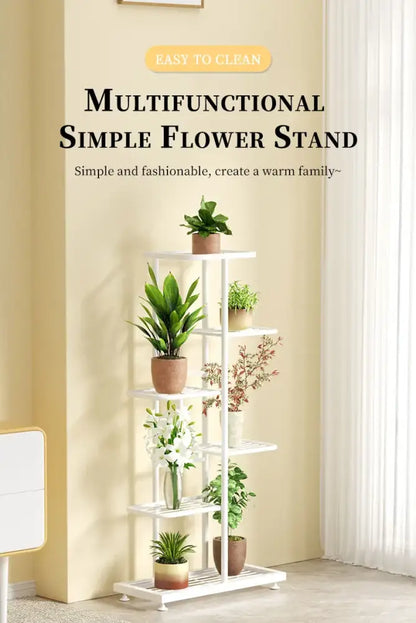 White metal iron plant stand with five multifunctional tiers holding various potted plants for indoor use
