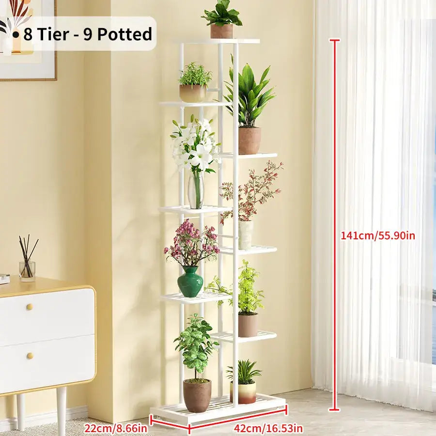 White metal decorbites™ iron plant stand with eight tiers and nine potted plants on iron plant shelves for multiple pots