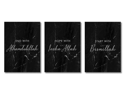 Set of three black marble-textured islamic ayatul kursi wall art prints with white cursive script by DecorBites™