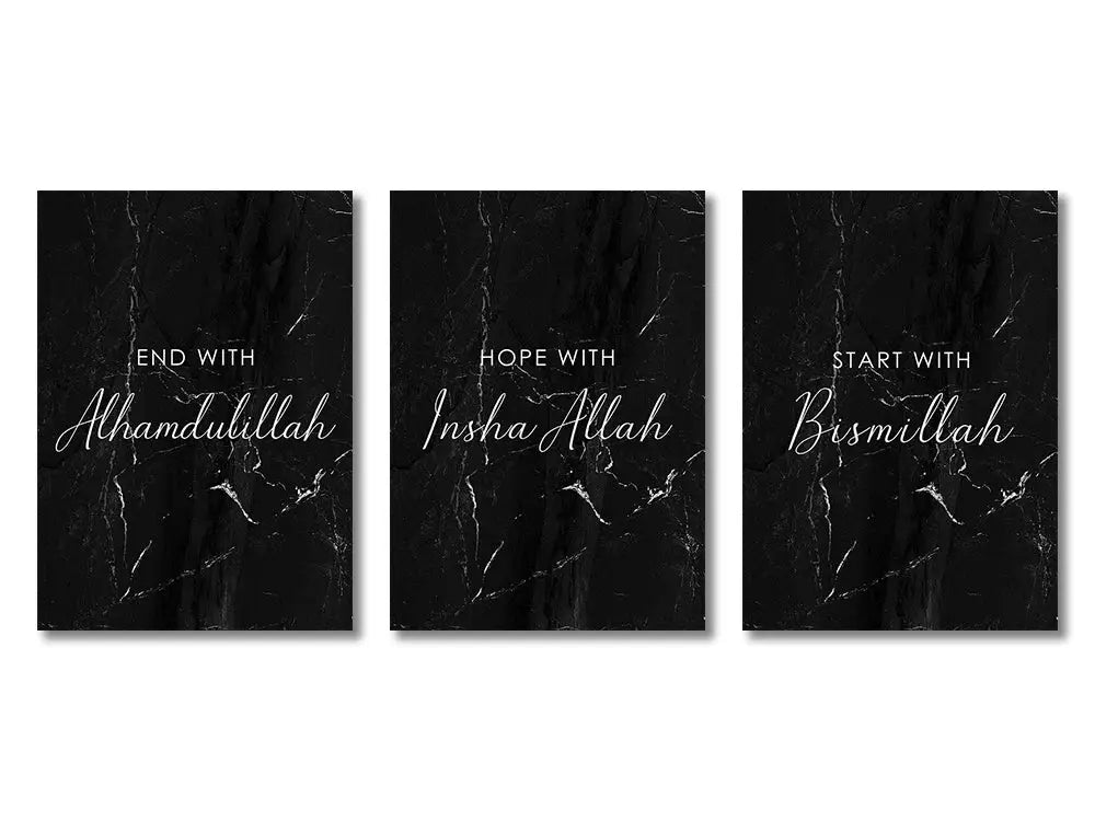 Set of three black marble textured ayatul kursi canvas wall art prints with white cursive script for home decor