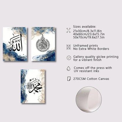 Decorbites™ islamic calligraphy wall art set of three unframed canvas prints with black arabic calligraphy on white background