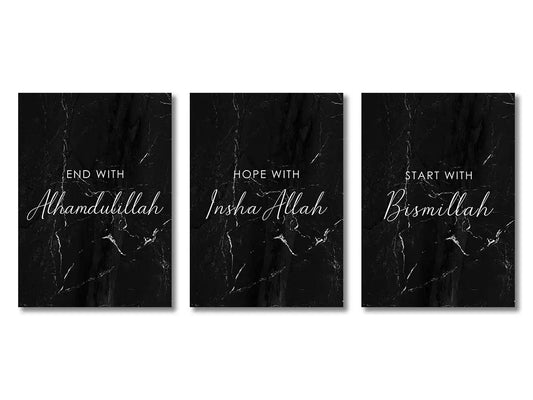 Decorbites™ islamic canvas wall art set of three black marble textured prints with white cursive script phrases