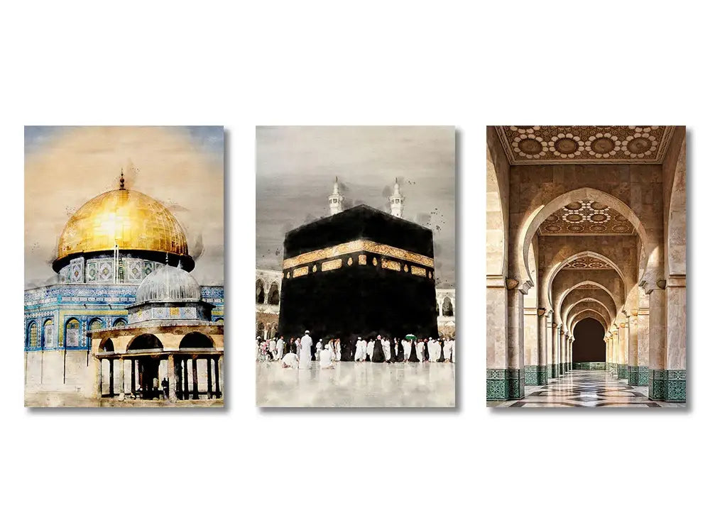 Set of three framed islamic canvas prints featuring dome of the rock kaaba and mosque corridor from decorbites ayatul kursi