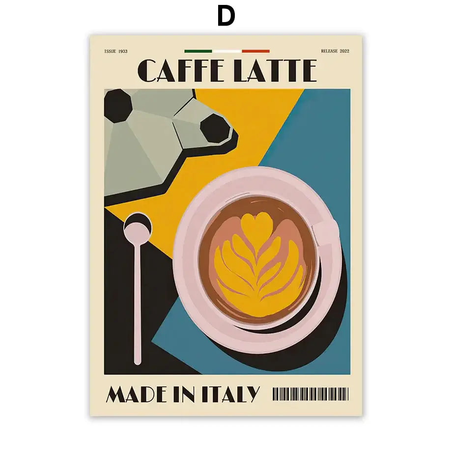 Stylized decorbites italian coffee wall art canvas print with pink-rimmed latte art and geometric teal mustard-yellow shapes
