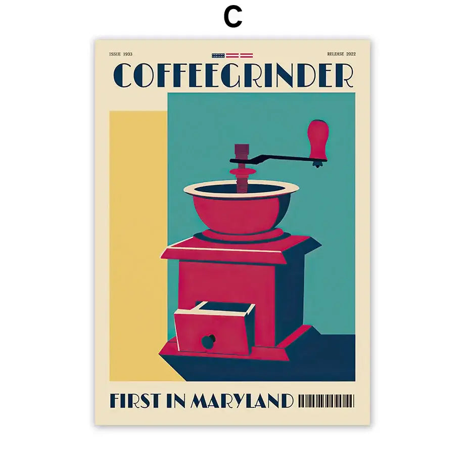 Vibrant red and navy blue vintage italian espresso coffee grinder illustration on decorbites™ canvas wall art print