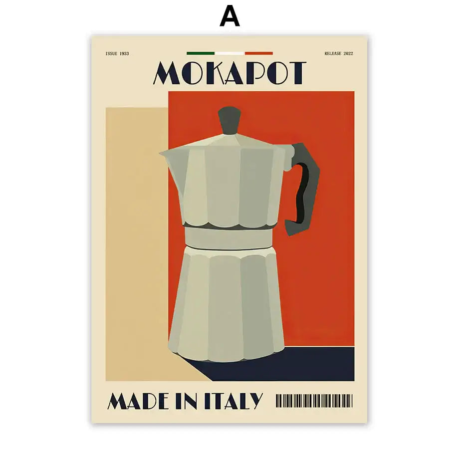 Decorbites italian coffee wall art canvas print featuring a vintage-style silver espresso coffee pot with black handle on red background