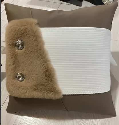 Brown and white decorbites italian luxury leather pillowcase with faux fur trim and metallic buttons for living room decor