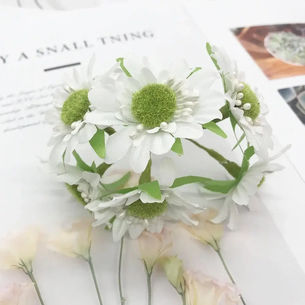 Decorbites ivory flower cherry stamen delicate white daisy flower crown with green centers and leaf accents for wedding decor