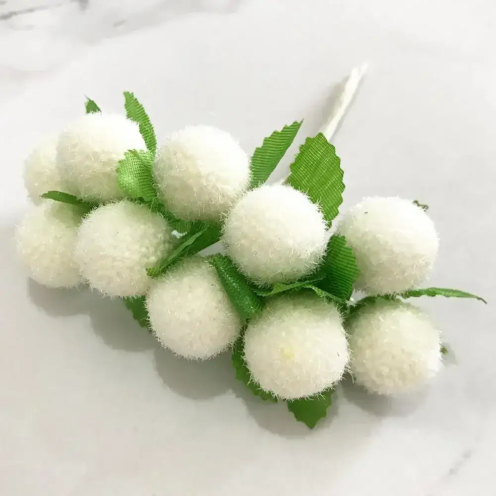 Decorbites ivory flower cherry stamen berries with white fluffy pom-poms and green ribbon leaves for wedding decor