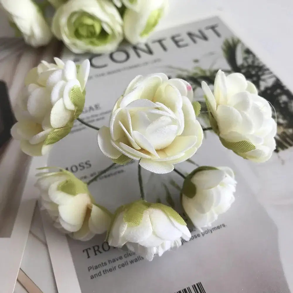 Delicate decorbites ivory flower cherry stamen with pale green artificial roses for wedding decor and living room display