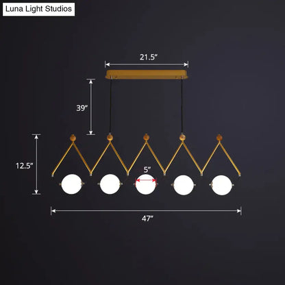 Decorbites™ ivory glass minimalist ball suspension light with gold-toned geometric frame and five white bulbs for restaurant suspension light