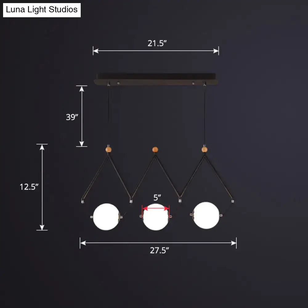 Decorbites™ ivory glass minimalist ball suspension light with black metal frame and three white glass shades ideal for restaurant suspension light