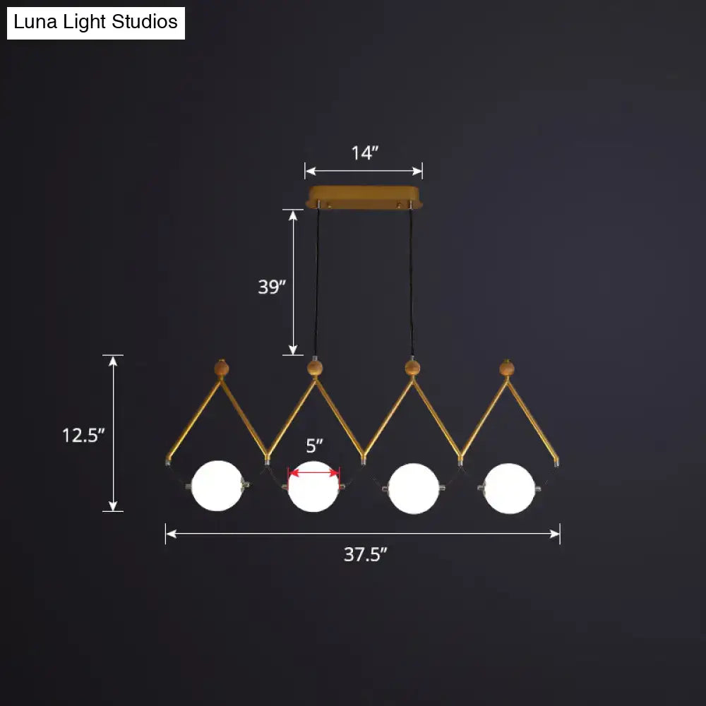 Gold-toned geometric DecorBites™ suspension light with four ivory glass balls hanging from wooden ceiling mount ideal for restaurants