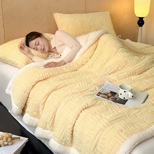 Soft pale yellow decorbites jacquard lamb wool double layer blanket with plush white lining and textured woven pattern