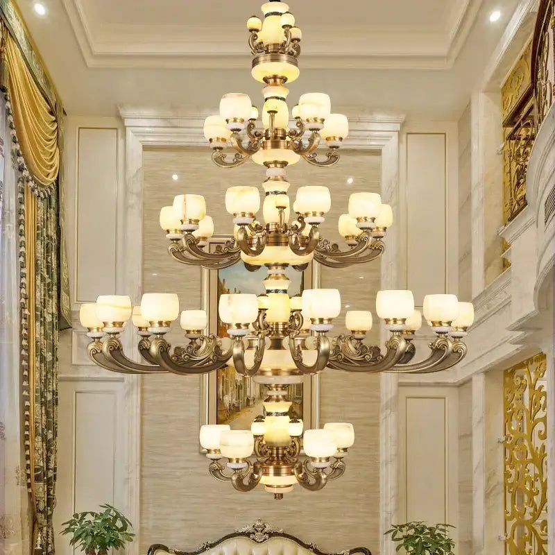 Decorbites jade chandelier bronze multi-tier living room lamp with ornate metal arms and frosted glass shades