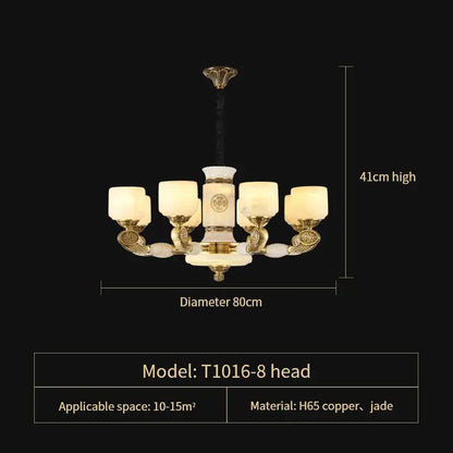 Elegant eight-arm decorbites jade copper chandelier with gold-finished h65 copper and cream opal glass shades for living room