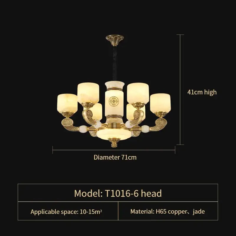 Elegant six-arm decorbites jade copper chandelier with golden h65 copper and opal glass shades for living room lighting