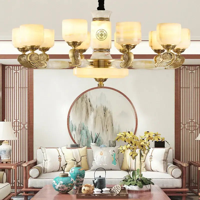 Brass decorbites jade copper chandelier with frosted opal glass shades and intricate decorative elements for living room