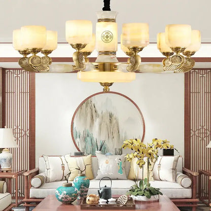 Brass decorbites jade copper chandelier with frosted opal glass shades and intricate decorative elements for living room