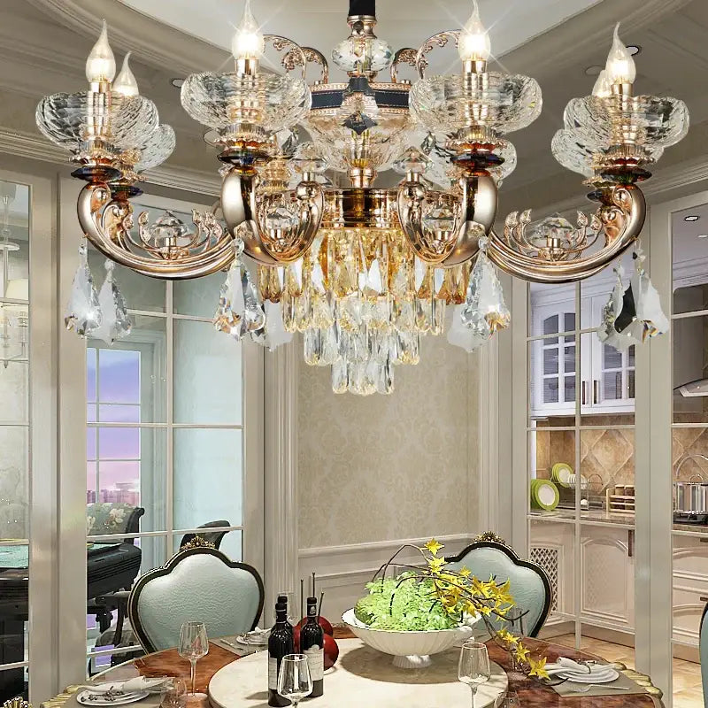 Decorbites jade crystal chandelier gold living room lamp with luxurious crystal droplets and gold-toned metal arms