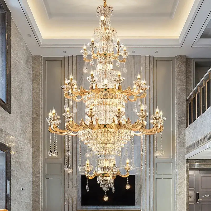 A decorbites jade crystal multi-tiered gold chandelier with ornate metalwork and clear crystal droplets for living room lighting