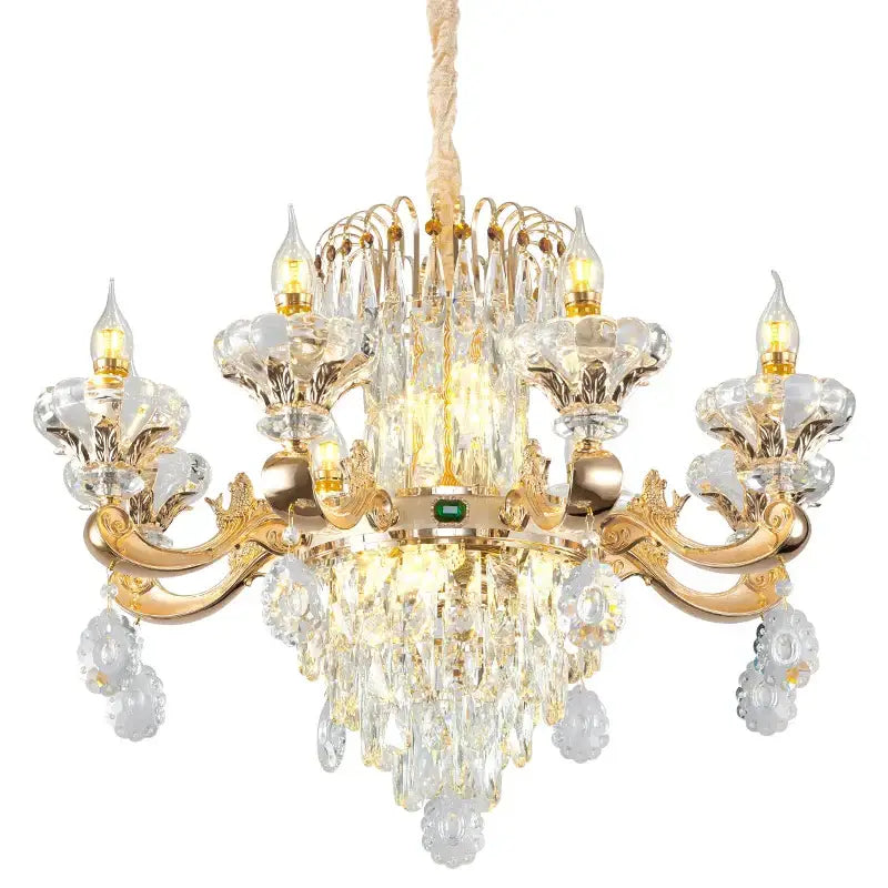 Gold-toned decorbites jade crystal chandelier with intricate crystal droplets and a central green gemstone accent