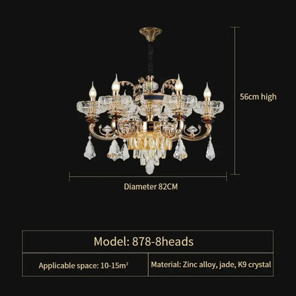 Gold-toned decorbites jade crystal chandelier with eight arms, crystal glass shades, and dangling k9 crystals for living rooms