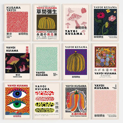 A collection of vibrant dot-patterned japanese abstract art canvas prints featuring yayoi kusama for home décor