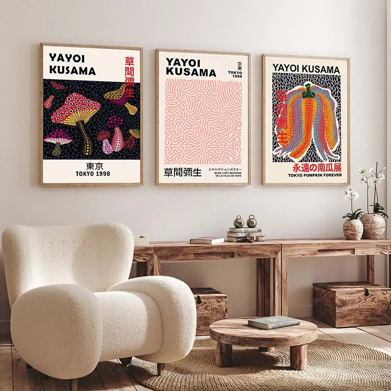 Cream-colored plush-furred armchair with rounded contours and wooden legs beside DecorBites™ Japanese abstract art canvas print