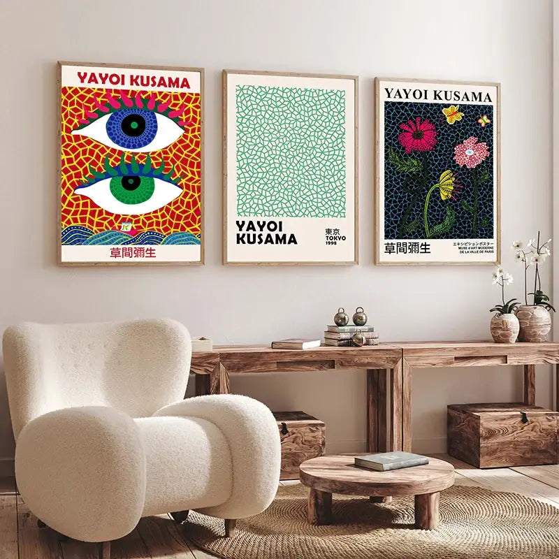 Cream-colored plush-furred armchair with rounded contours and wooden legs beside decorbites™ japanese abstract art canvas print