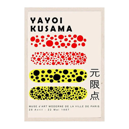 A framed DecorBites™ japanese abstract art canvas print with bold red and black polka dots and english and chinese text