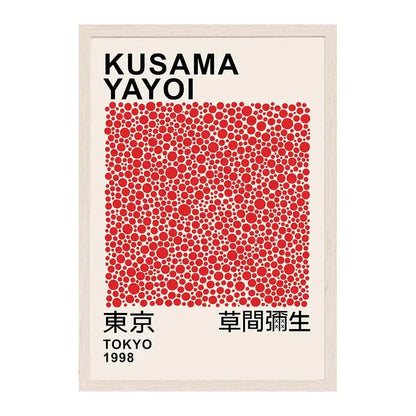 A framed DecorBites™ japanese abstract art canvas print with red dot pattern and black text on off-white background