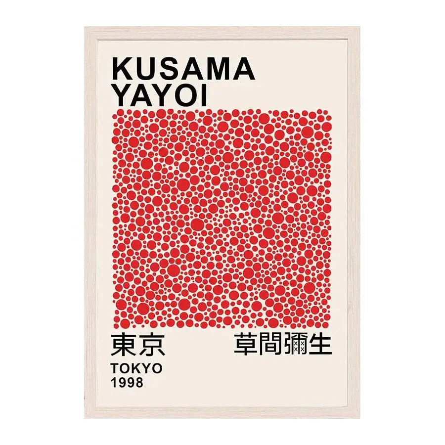 A framed DecorBites™ japanese abstract art canvas print with red dot pattern and black text on off-white background
