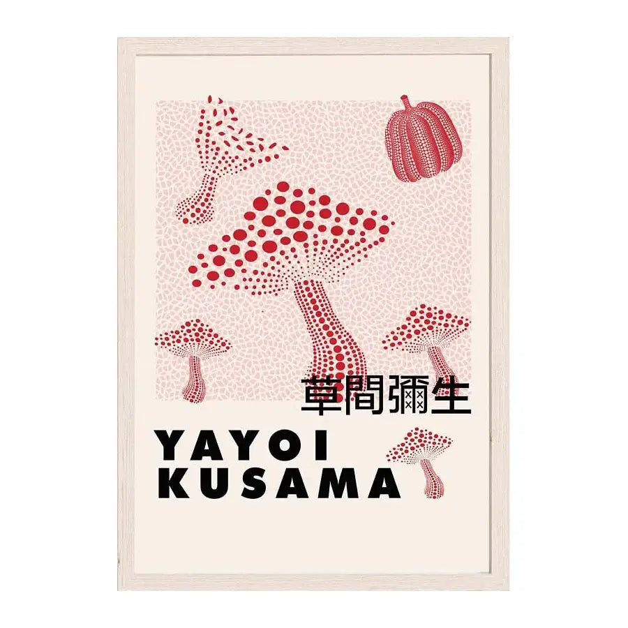 A framed japanese abstract art canvas print featuring red polka-dotted mushrooms and a pumpkin by yayoi kusama