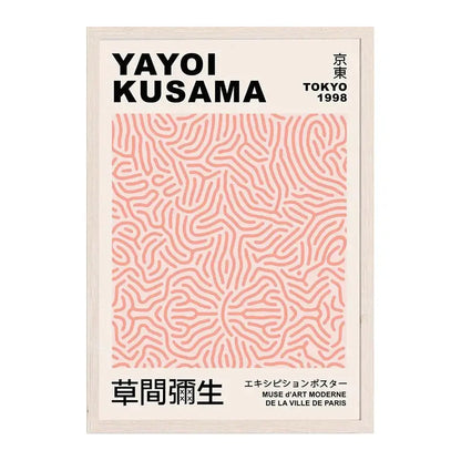 A framed DecorBites™ canvas print featuring yayoi kusama pink maze-like japanese abstract art on cream background