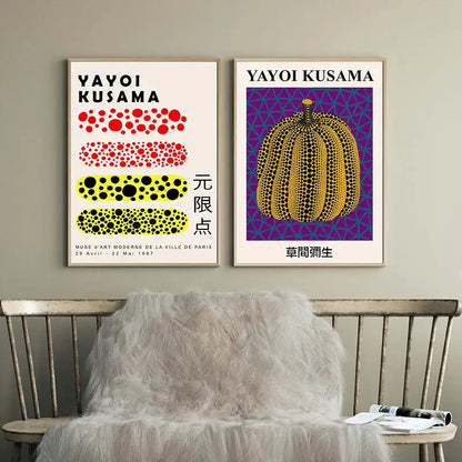 Two framed decorbites™ japanese abstract art canvas prints featuring yayoi kusama polka dots and golden pumpkin designs
