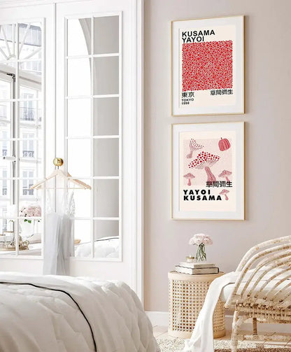 Two framed posters of yayoi kusama featuring red dot and pink mushroom patterns in japanese abstract art decorbites canvas print