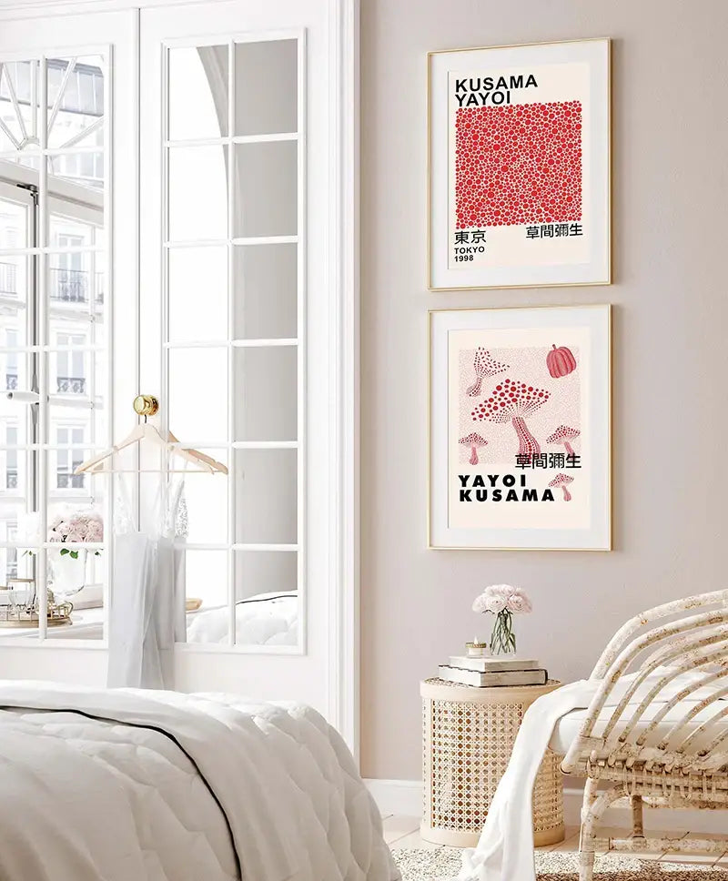 Two framed posters of yayoi kusama featuring red dot and pink mushroom patterns in japanese abstract art decorbites canvas print