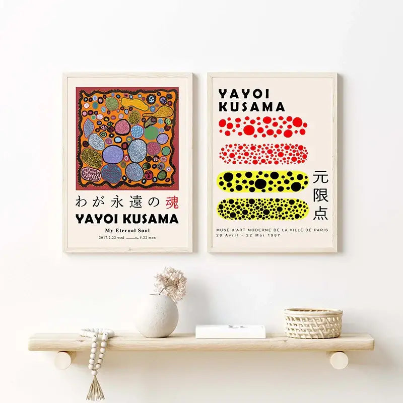 Two framed decorbites™ japanese abstract art prints featuring yayoi kusama polka dots in vibrant colors for home décor