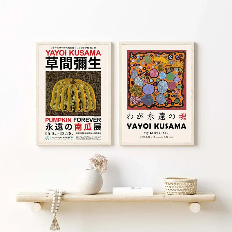 Two framed DecorBites™ japanese abstract art prints featuring yayoi kusama pumpkins and colorful circles on canvas