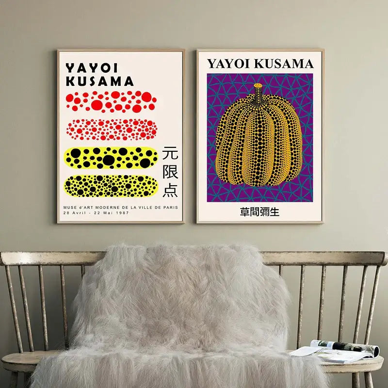 Two framed DecorBites™ japanese abstract art prints featuring yayoi kusama polka dots and a golden pumpkin design