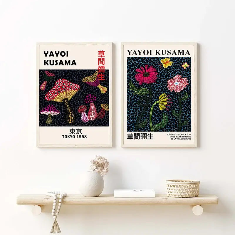 Two framed yayoi kusama posters with colorful mushrooms and flowers on dark background japanese abstract art print
