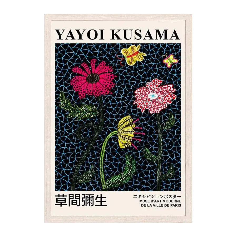 DecorBites™ Japanese abstract art canvas print featuring vibrant pink and yellow flowers on dark blue background