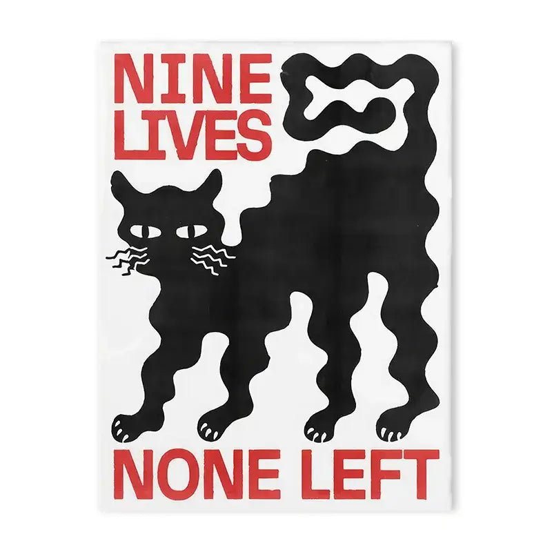 Black stylized cat illustration with bold red text on a white background on a DecorBites™ japanese abstract blue wave canvas print