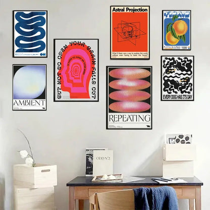 A collection of framed posters featuring japanese abstract blue wave designs in vibrant colors for wall decor