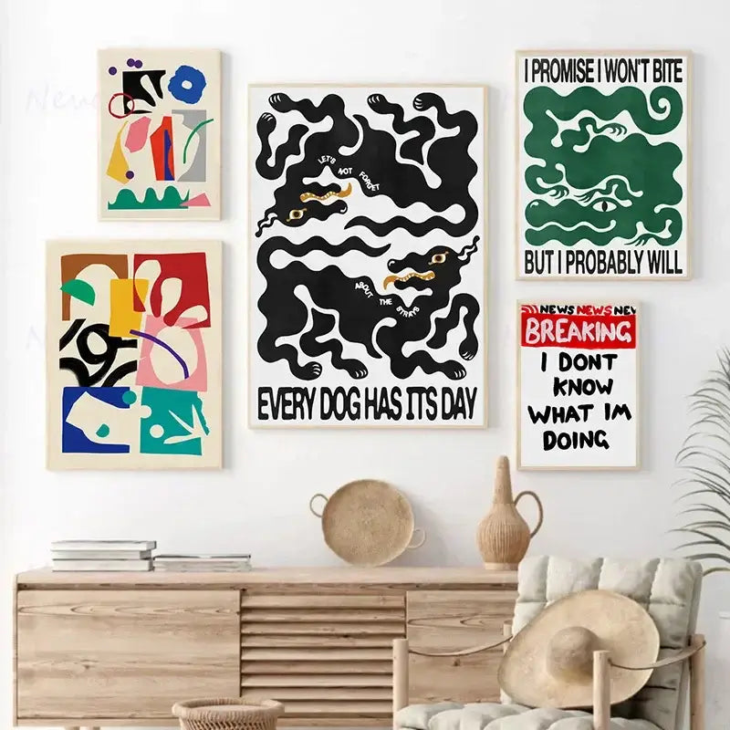 Set of five colorful abstract art prints with bold black green and multicolored designs in light wood frames featuring japanese abstract blue wave elements