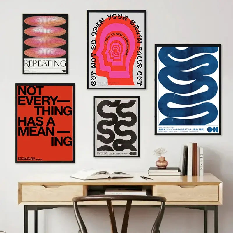 Set of five framed posters featuring Japanese abstract blue wave designs with bold colors and minimalist typography