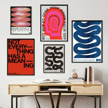Set of five framed posters featuring Japanese abstract blue wave designs with bold colors and minimalist typography